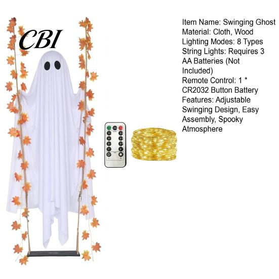 Weather Resistant Ghost Decor Hanging Swinging Halloween Decoration for Outdoor Garden Yard, Weighted Fabric Flying On A Lighted Porch Swing with LED