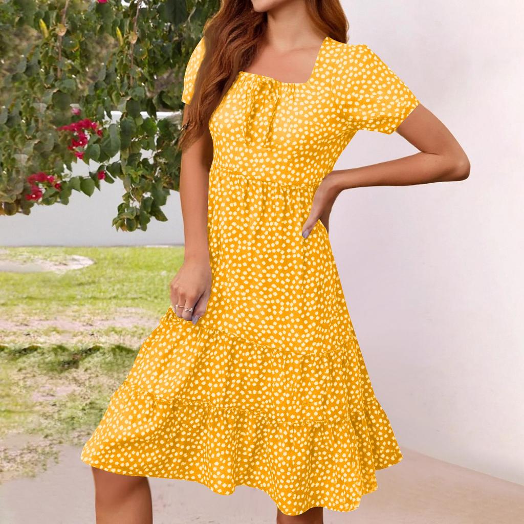 Abito Estivo da Donna a Strati con Scollo Quadrato Casual Floreale a Maniche Corte A-line Ampio Fluido Abito da Spiaggia Boho Prendisole