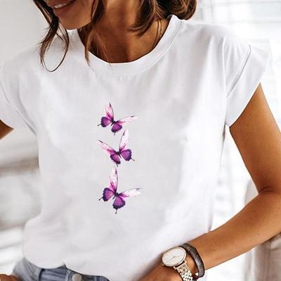(Europäische Größe) Damen Oberteil Niedriger Schmetterling Kleidung Mode T-Shirt Lässig Kurzarm Druck Dame Weibliches Grafik-T-Shirt