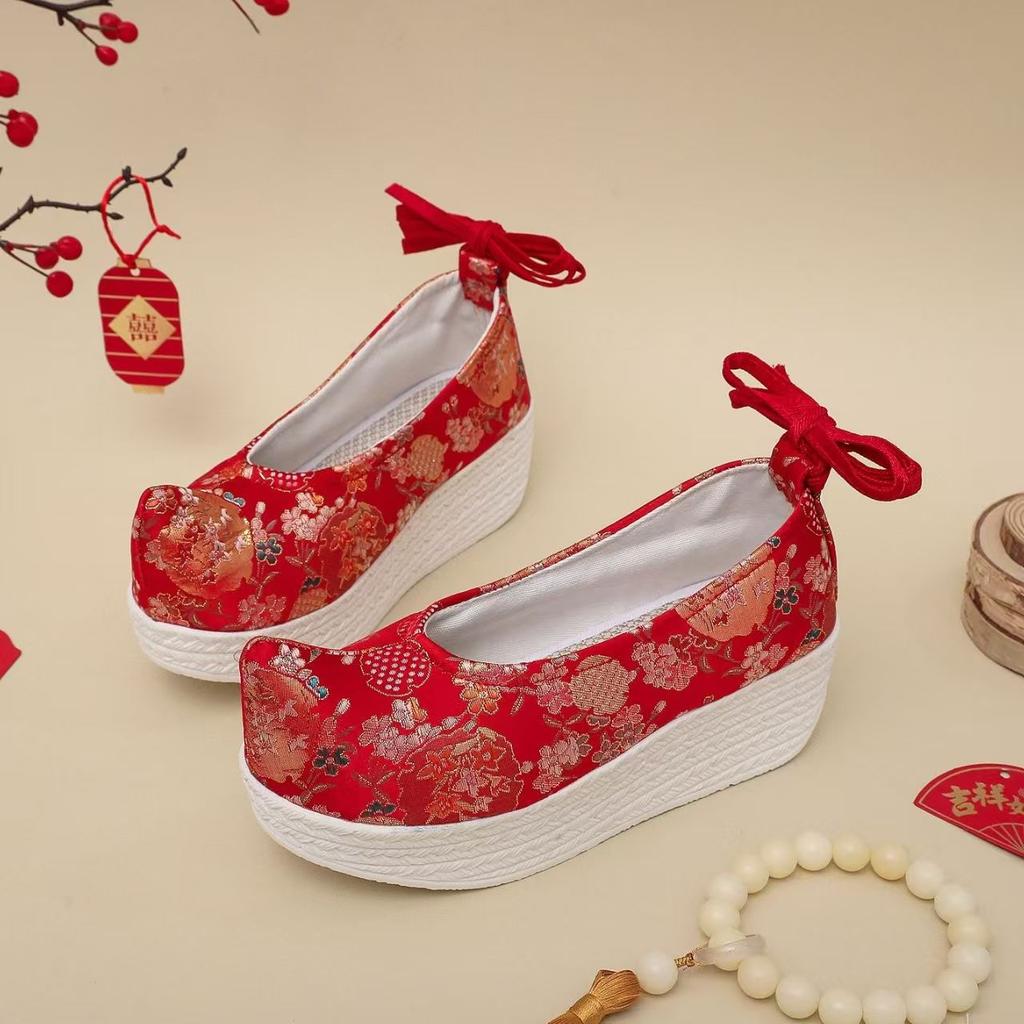 Zeppe Jacquard in Seta da Donna Scarpe Cheongsam Stile Etnico Suola Spessa Cinturino alla Caviglia Leggero Scarpe Hanfu Scarpe a Gonnellino Viso di Cavallo