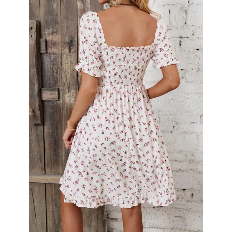 YYFS Damenmode Sommer Frühling Kurzarm Quadratischer Kragen Hohe Taille Freizeitkleider