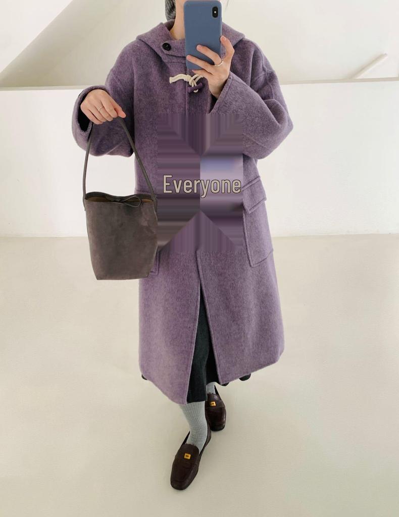 Korean Style Hooded Wool Coat: Women's Mid-Length Double-Faced Cashmere Overcoat with Toggle Buttons for a Slimming Autumn Look