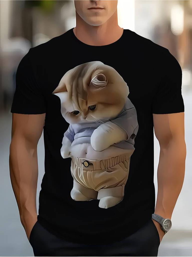 cotton Cute Chubby Dressed Cat Print Unisex T Shirt Funny Fat Kitten Graphic Crew Neck Casual Short Sleeve Animal Lover Street