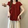 White Ruffle Cap Sleeve Blouse with Neck Tie and Button Front, Loose Sweet Women Summer Top