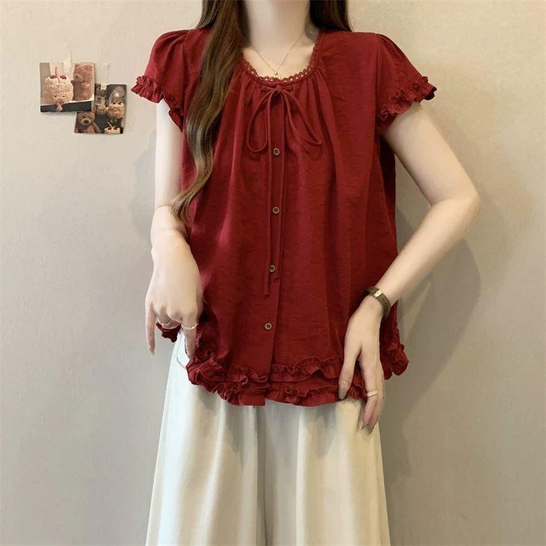 White Ruffle Cap Sleeve Blouse with Neck Tie and Button Front, Loose Sweet Women Summer Top