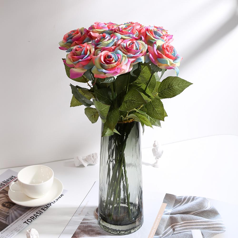 12 Stück Valentinstag Regenbogen Künstliche Rose Blume Echte Haptik Regenbogen Seidenrose Blume Künstliche Rosen für Sträuße Hochzeitsparty Babyparty Heimdeko