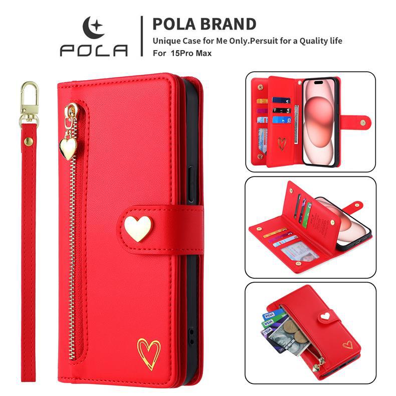 Applicable iPhone17ProMax Phone case with gold-embossed heart and zipper card slot17/16Flip cover with card slot15Wallet