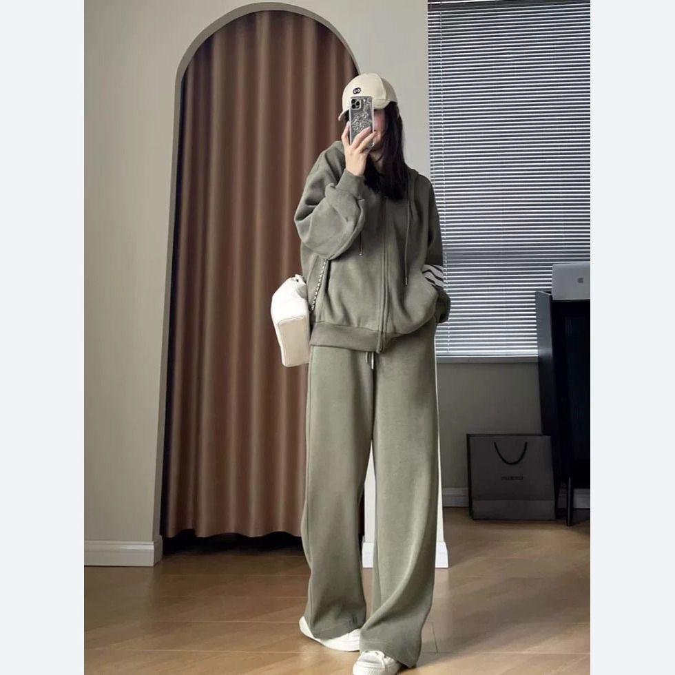 Women's Plus Size Fleece-Lined Two-Piece Casual Sweatshirt Set – Lazy Style Fall/Winter Trend