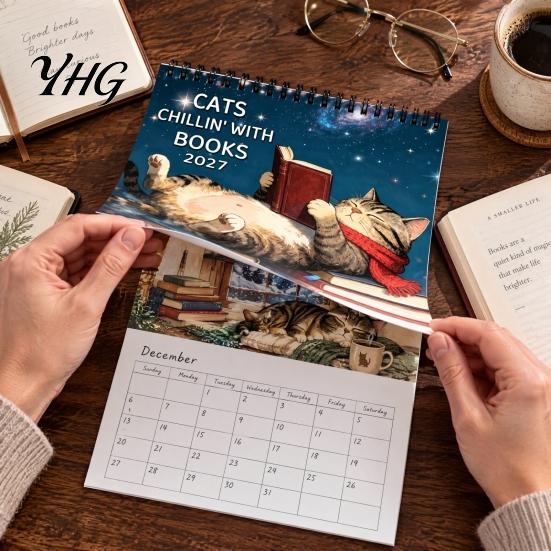 Academic Year Wall Planner 2027 Reading Cat Calendar, 7.87 x Inch Monthly Hanging Large Writing Grid with Thickened Paper And Spiral Binding for Home