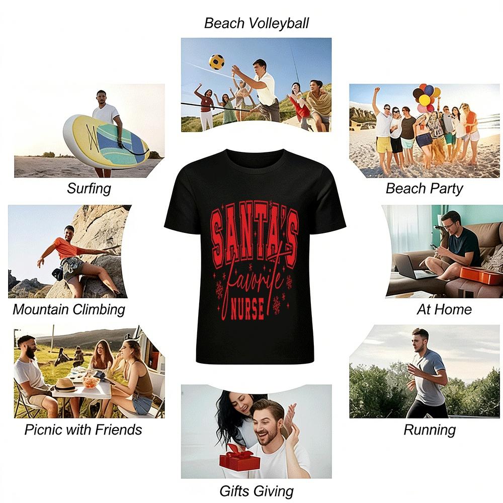 Santa's Favorite Nurse Christmas Themed Printed Casual Top Pure Cotton T-shirt