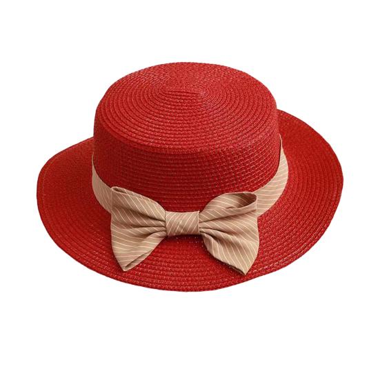 

Beach Straw Hat Flat Top Wide Brim Sun Protection Hat with Striped Print Ribbon Bow Hand-Woven Breathable Summer Hat M