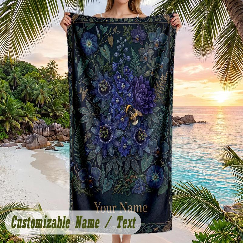 Blue Flowers Art Theme Quick Dry Beach Towel Custom Name Text Print Large Sand Resistant Towel Beach Vacation