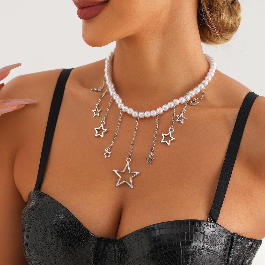 Accessories, Hollowed-Out Pentagram Fringed Design Necklace, Retro Imitation Pearl Collarbone Chain Spice Girl