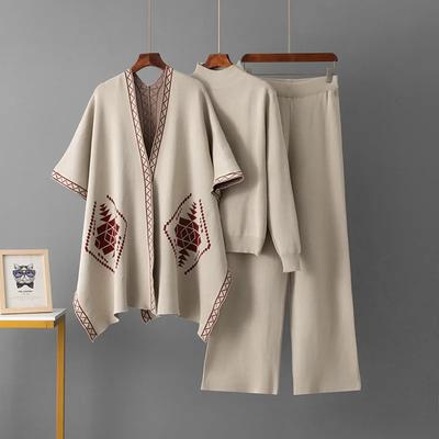 Women Suits Sets Embroidery Pants Thickened Sweaters Coat Top Longs Pants Three-piece Oversize 3PC Suit