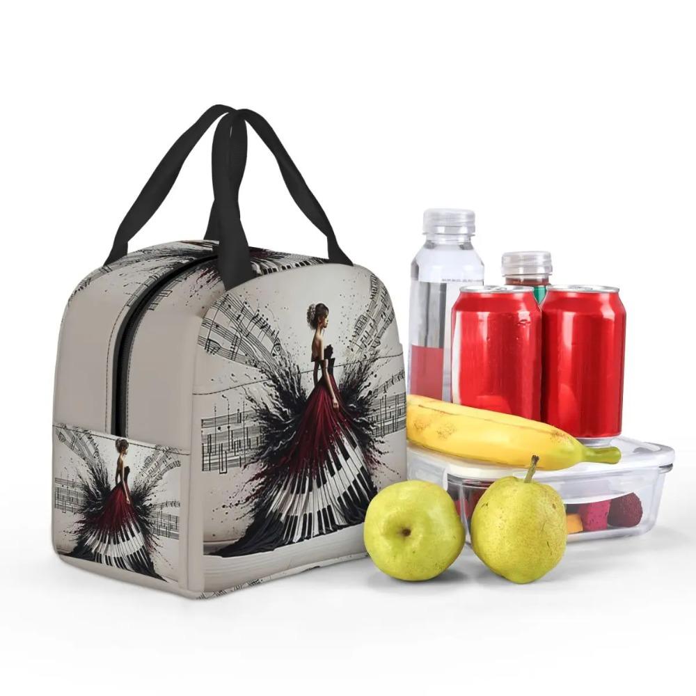 Beautiful Lady Piano Musical Notes, Wavy Dress Insulated Lunch Bag for Kids School Cooler Thermal Food Box Tote Portable