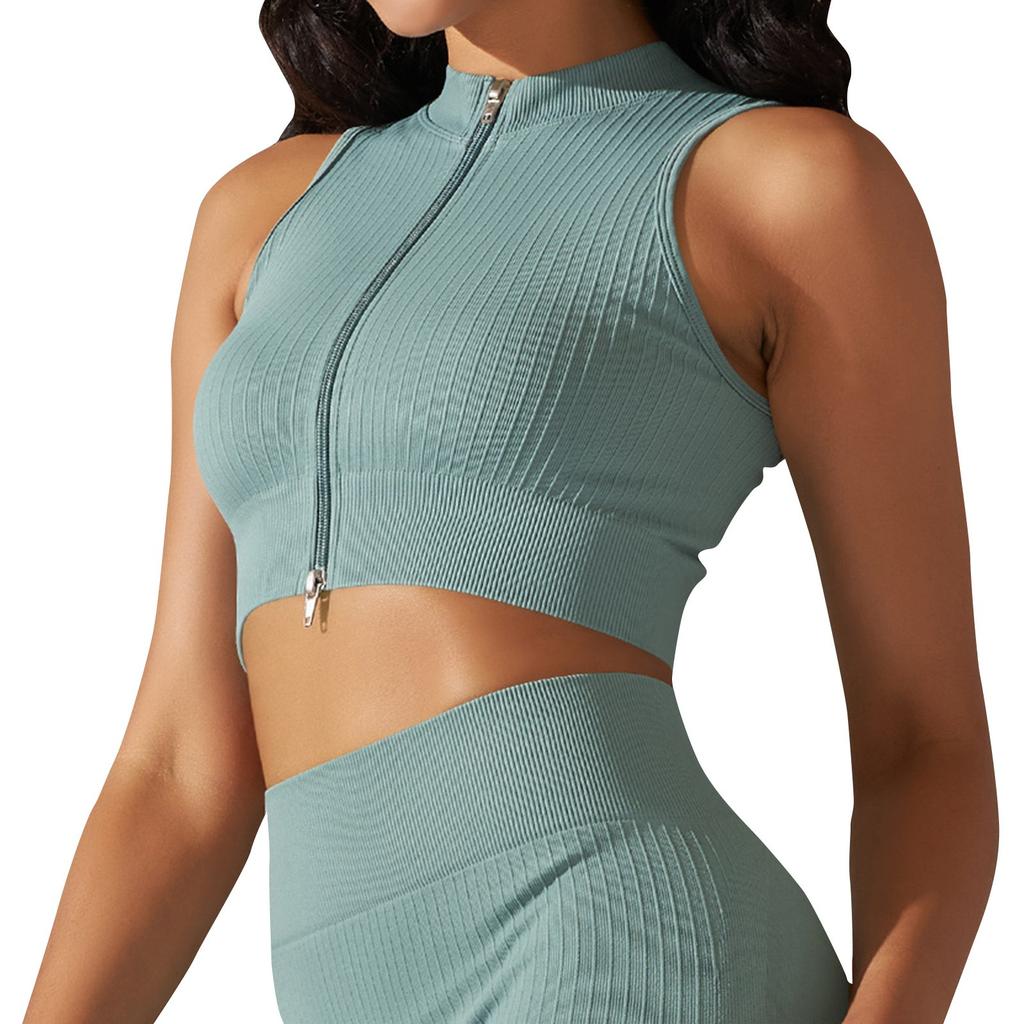 Women's Fashion Seamless Knit Tight Breathable Yoga Sexy Comfortable Casual Sports Running Fitness Top With Zipper