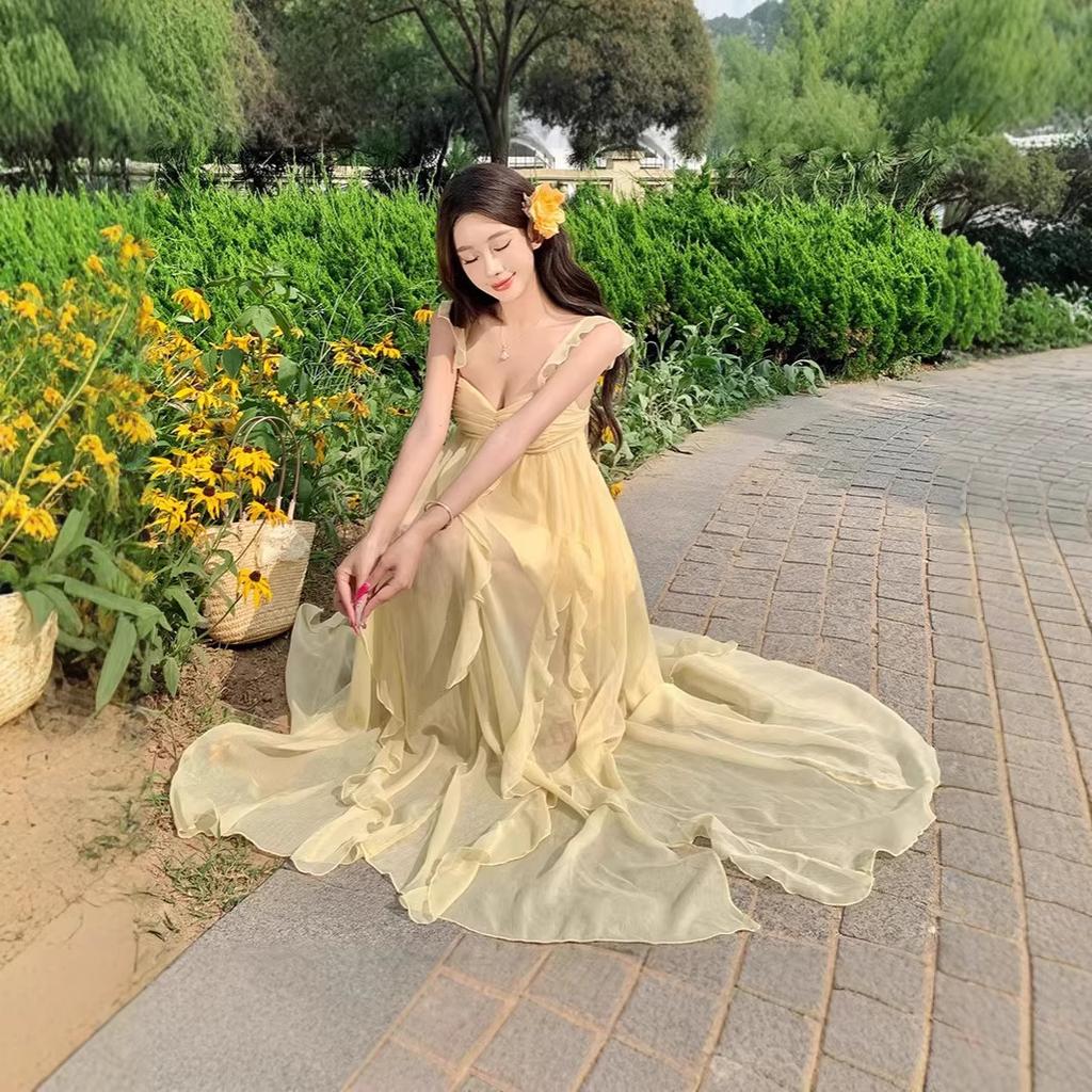 French romantic dress women's summer small flying sleeves ruffle edge suspender skirt seaside travel vacation irregular long dress