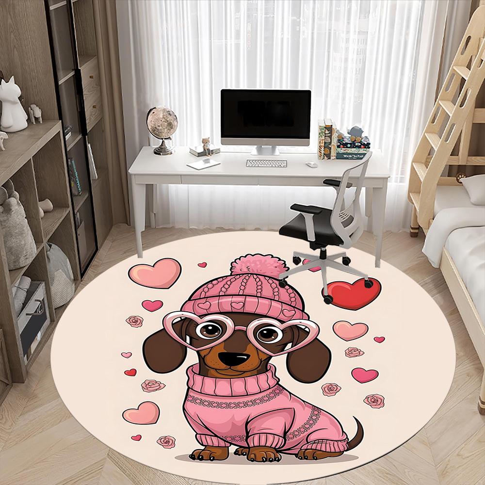 1PC Dachshund Hearts Office Round Area Rug, Mat Suitable For Office, Under Office Chairs Bedroom Living Room Home Decor, Room Deco