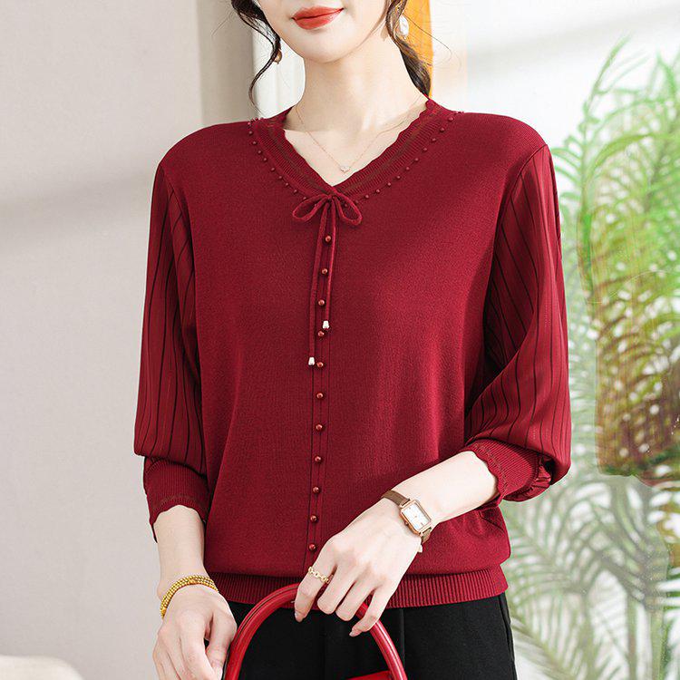 Fashion Casual V-Neck Lace-Up Knitwear Pullover for Women: Long-Sleeved Mother's Day Top