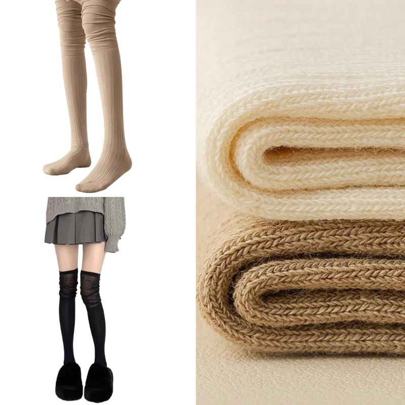 Einfarbige Kniehohe Lange Socken für Damen Japanische Studentin Raffung Lässiges Oberteil Gerippt Gestrickt Oberschenkelhohe Strümpfe Strumpfwaren
