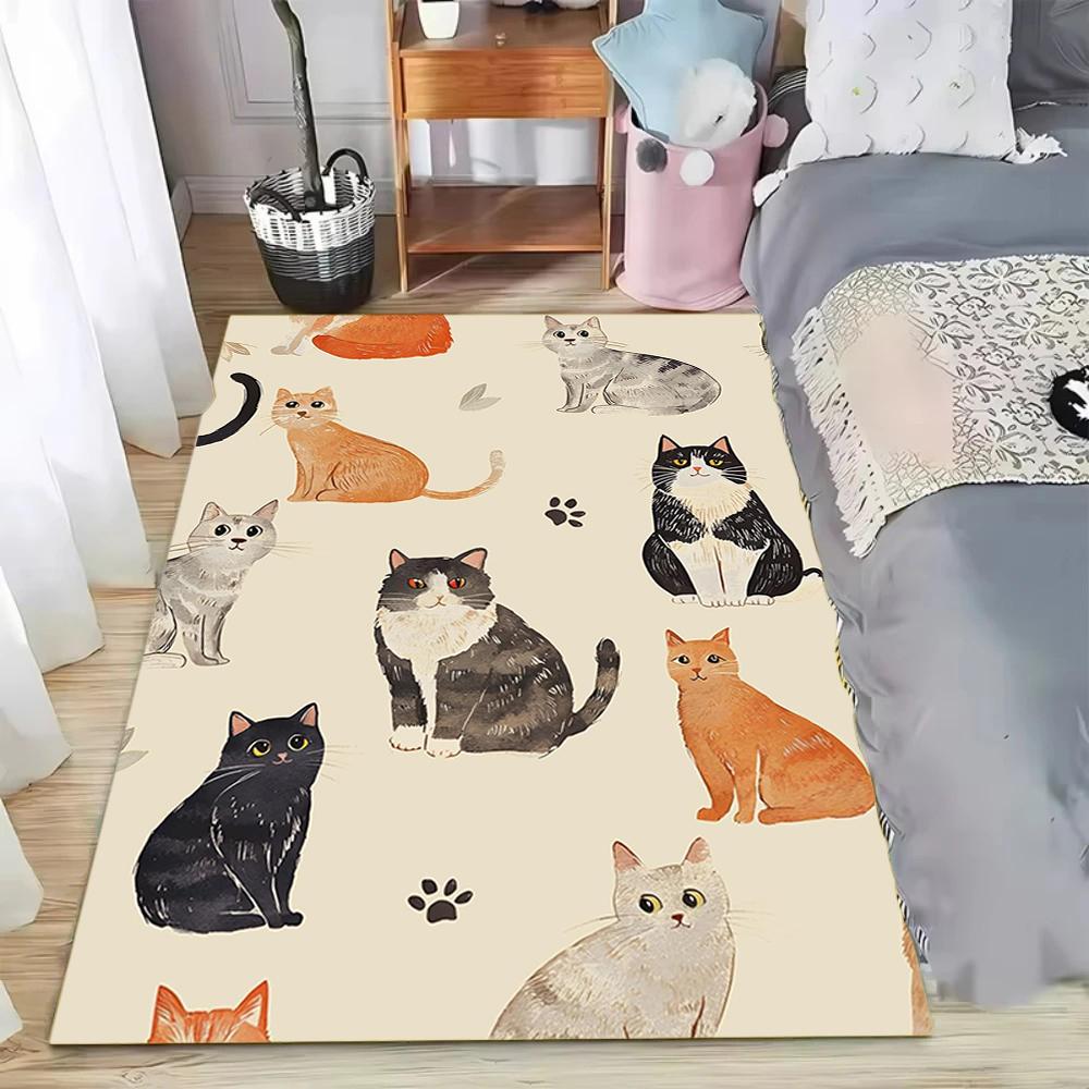 Vintage Floral Cat Print Carpet Cute Animal Themed Rug Modern Art Home Decor Soft Non-slip Absorbent Floor Mat for Living Room