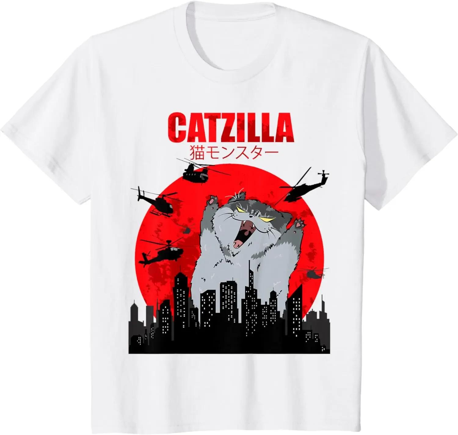 Funny Cute Art Japanese Cat Graphic for Cat Lover Catzilla Tshirts O-neck Women Clothing Streetwear Short Sleeve T Shirt Clothes S
