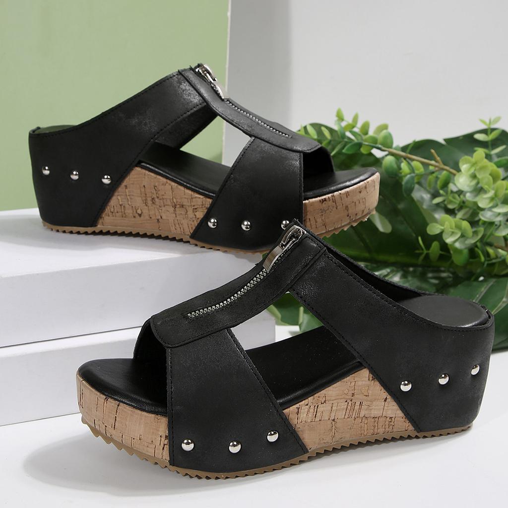 22 summer new thick bottom slope heel fish mouth one word large size slippers rivet open toe