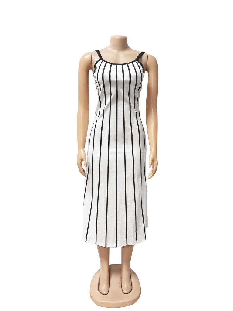 Retro Stripe Patchwork Backless Slip Dress - Color Block Sleeveless Long Slim Fit