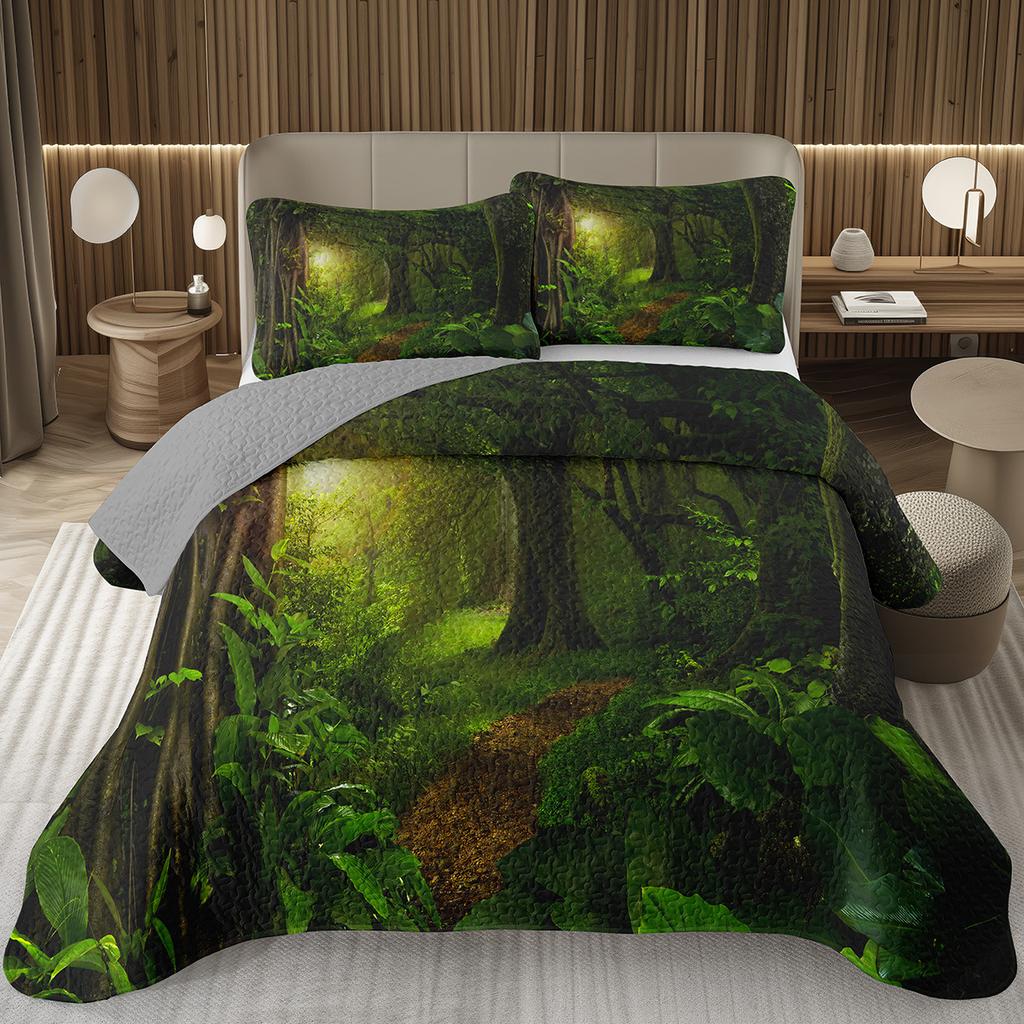 Forest Bedspread King/Full Magical Woodland Jungle Coverlet Set Dreamy Misty Scene Quilted Bedding Set Reversible Grey Bed Cover