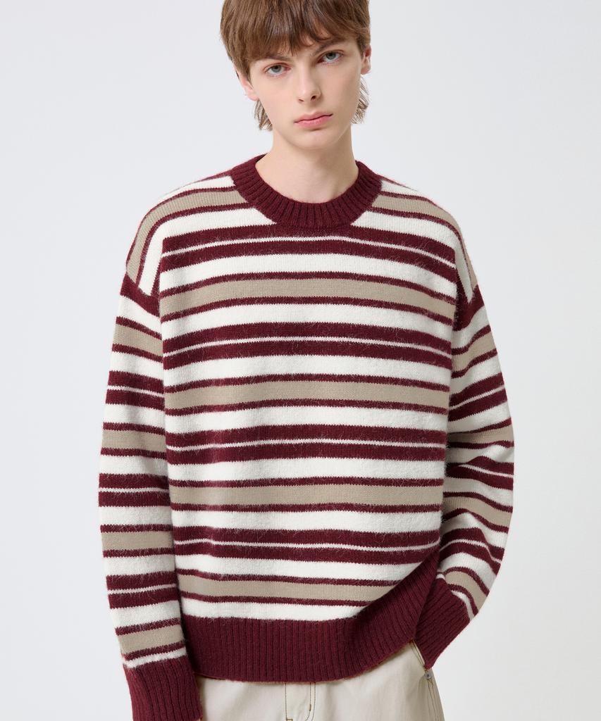TRILLION Washable Hairy Stripe Crewneck Knit_Red