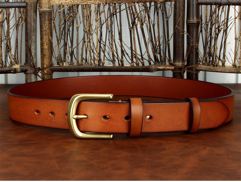 Men's Genuine Leather Belt with Solid Brass Buckle - European Retro Style, Durable Cowhide Waistband