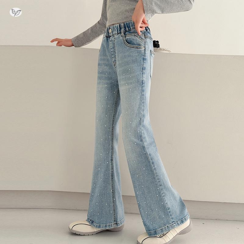 Girls' Rhinestone Distressed High-Waist Flare Jeans with Star Design - Autumn 2026 Collection for Kids