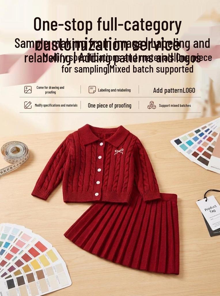 Girls' Pure Cotton Knit Korean Bowknot Set: Red Cardigan & Pleated Skirt with Lapel, Customizable