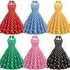 Abito midi da donna con scollo all'americana, vita media, stile vintage anni '50 Hepburn, a pois, svasato, elasticizzato in 4 direzioni, poliestere, elegante, per feste di primavera