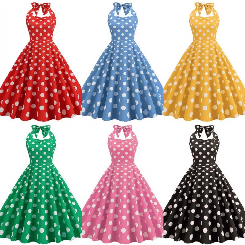 Abito midi da donna con scollo all'americana, vita media, stile vintage anni '50 Hepburn, a pois, svasato, elasticizzato in 4 direzioni, poliestere, elegante, per feste di primavera