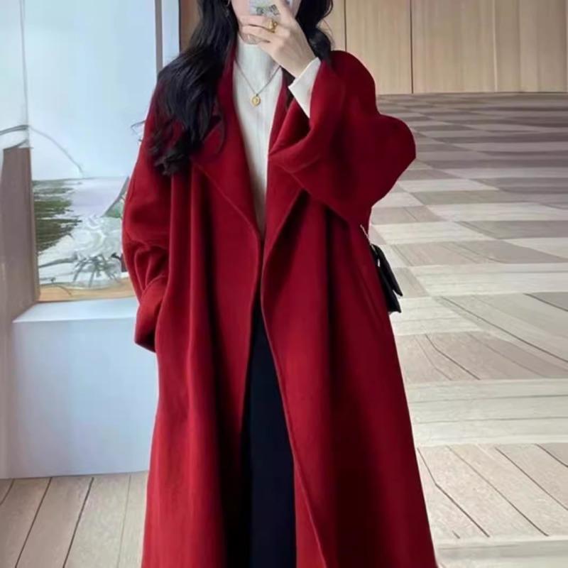 

Червоне вовняне пальто для жінок середньої довжини весняно-осіннє вільного крою модне універсальне вовняне верхнє вбрання 2XL червоний