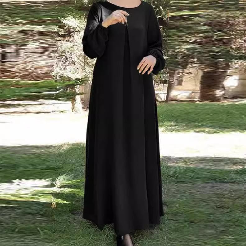 Middle Eastern Muslim Solid Color Long Sleeve Loose Round Neck Dress