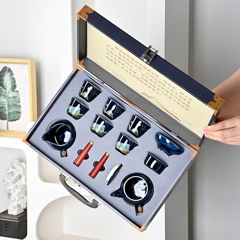 Bright glaze side handle Ji blue tea set ten-piece set gift box Kung Fu set ceramic annual meeting gift