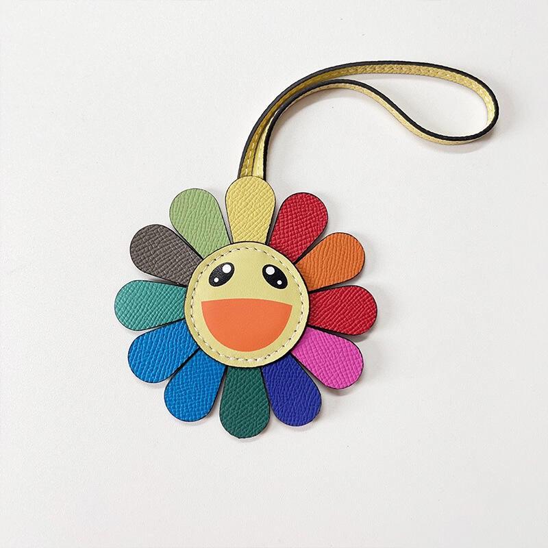 Colorful smiley face flower rainbow sunflower pendant fashion contrasting color leather platinum bag pendant accessories