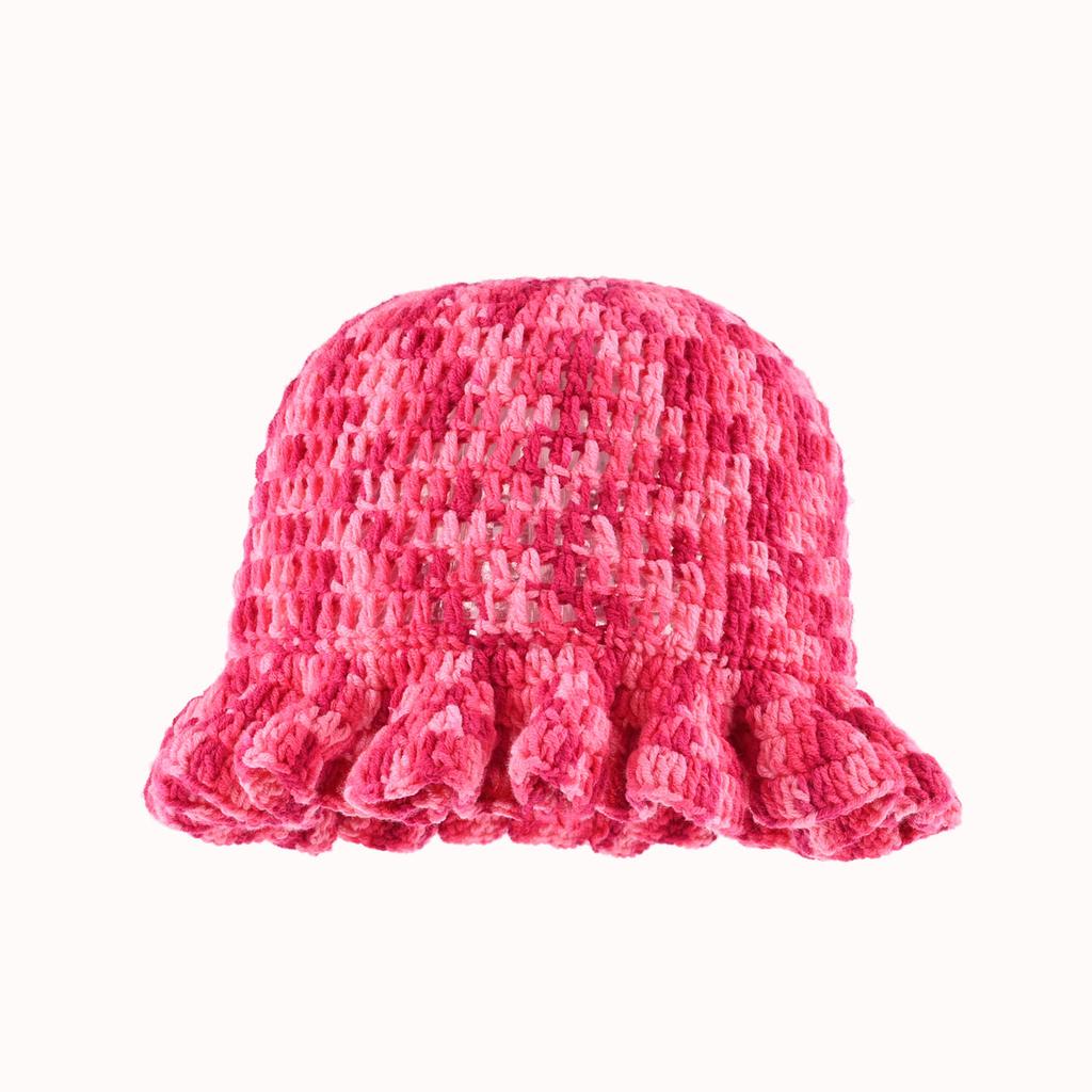 Dopamine Rainbow Color Matching Pleated Lotus Leaf Lace Knitted Bucket Hat Women'S Autumn And Winter Handmade Crochet Wool Hat