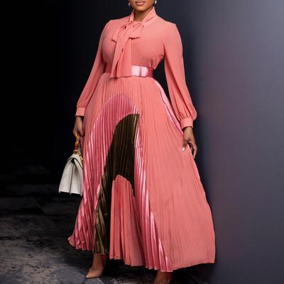 Large Size Women's Clothing Autumn New Lace-up Pleated Long-sleeved Color Matching Elegant Dress
