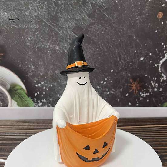 Pumpkin Element Ghost Decor Halloween Witch Hat Figurine, Pen Holder Desktop Storage Organizer Candy Container, Tabletop for Holiday Party Handcrafted