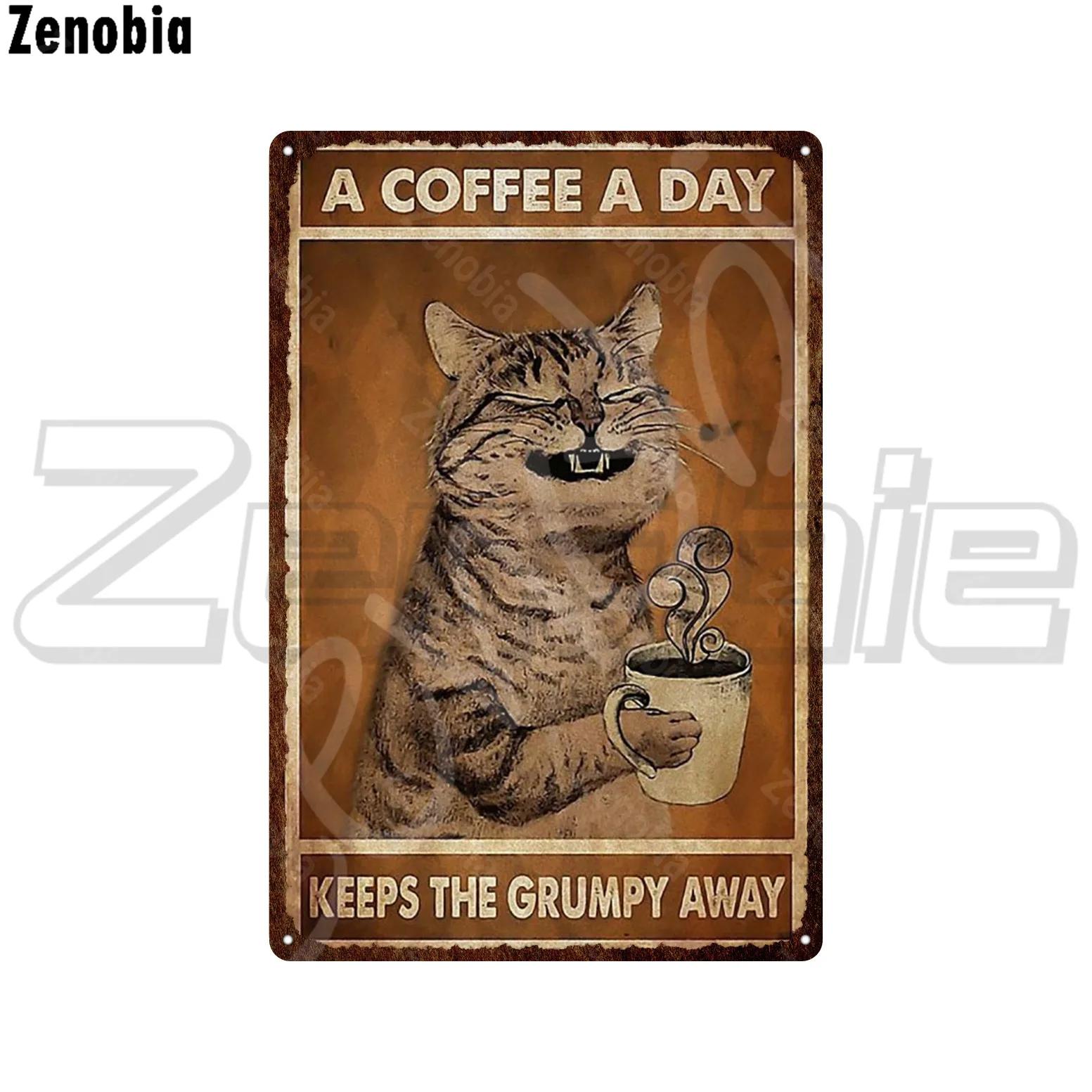 

Чорний кіт металевий плакат п є каву та пиво кіт металевий знак жерстяна табличка смішна тварина старовинна табличка для прикраси кімнати 20x30cm（7.8x11.8inch）
