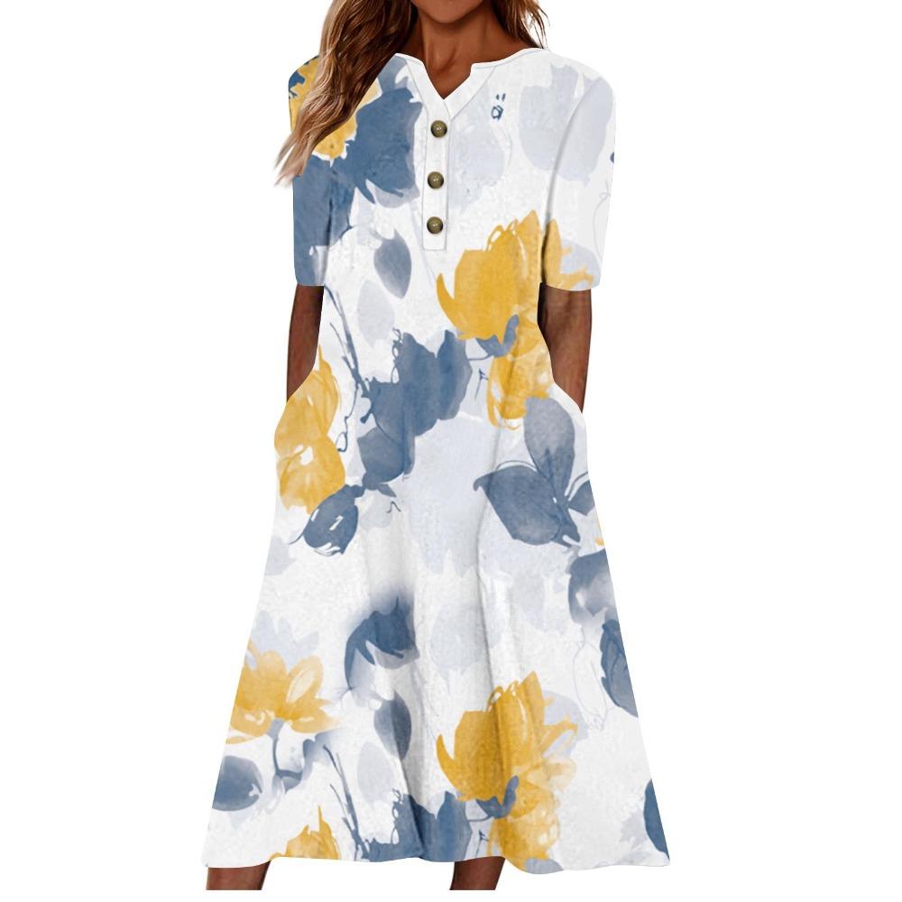 Women's V‑Neck Button Short Sleeve Midi Dress Loose Printed Casual Dress With Side Pockets