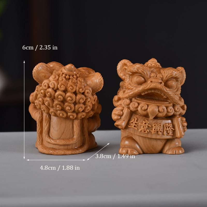 wood carving Chinese style cute little lion sculptures and figurines Mascot  Home, Room, Office, Car Wealth Luck Feng Shui Decor