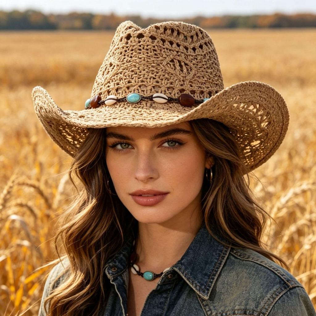 Spot Hollow Woven Beaded Accessories Western Cowboy Hat Cowboy Hat European and American Vacation Sunscreen Straw Hat