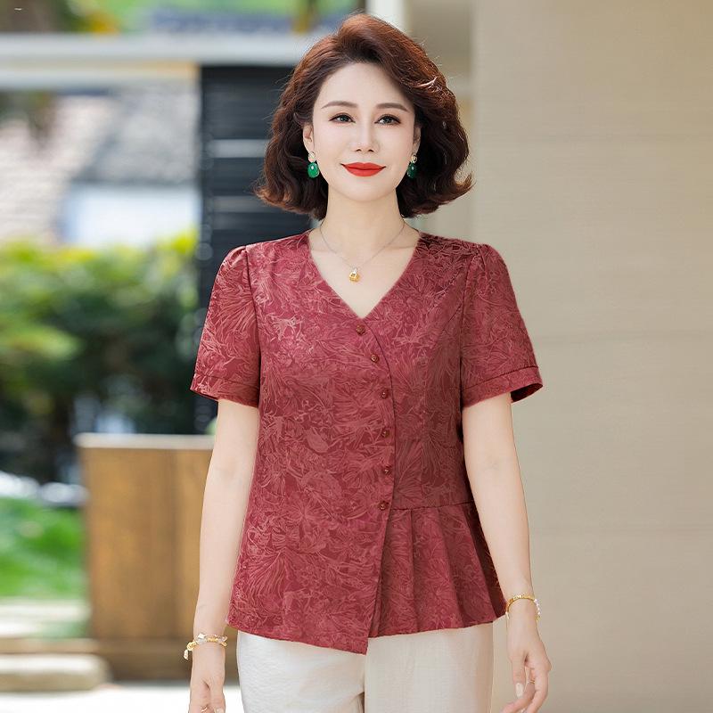 

Elegant Chinese-Style Summer T-Shirt for Middle-Aged and Elderly Women - 2026 Collection L (Recommended 80-100 lbs) красный