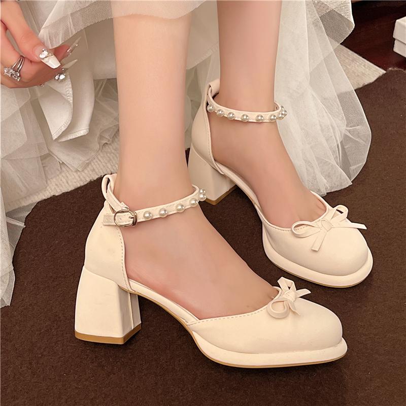 Fashion French Bow Block Heel Mary Jane Shoes Women's New Spring and Summer Round Toe Shallow Mouth One Buckle Beaded Heels