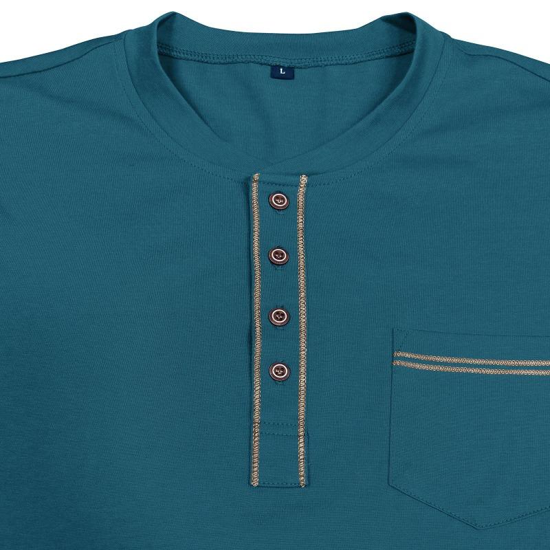 Men Vintage Contrast Color Crew Neck Long Sleeve Pocket Casual Henley T Shirt
