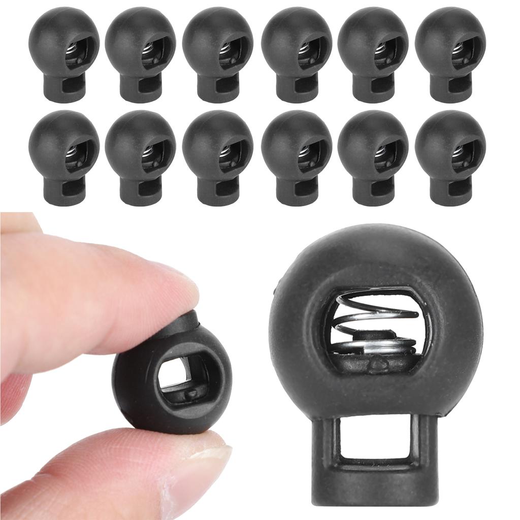 300 bucăți de încuietori cu șnur cu o singură gaură, în formă de bilă, clemă cu arc pentru accesorii pentru bagaje de frânghie din plastic, negru